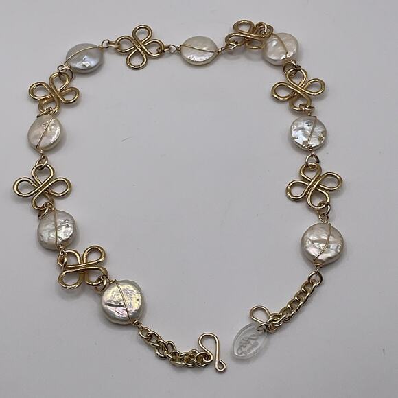 Designer Coin Pearls Necklace Gold Plated Knot Design 16 In Choker Signed - Picture 5 of 7